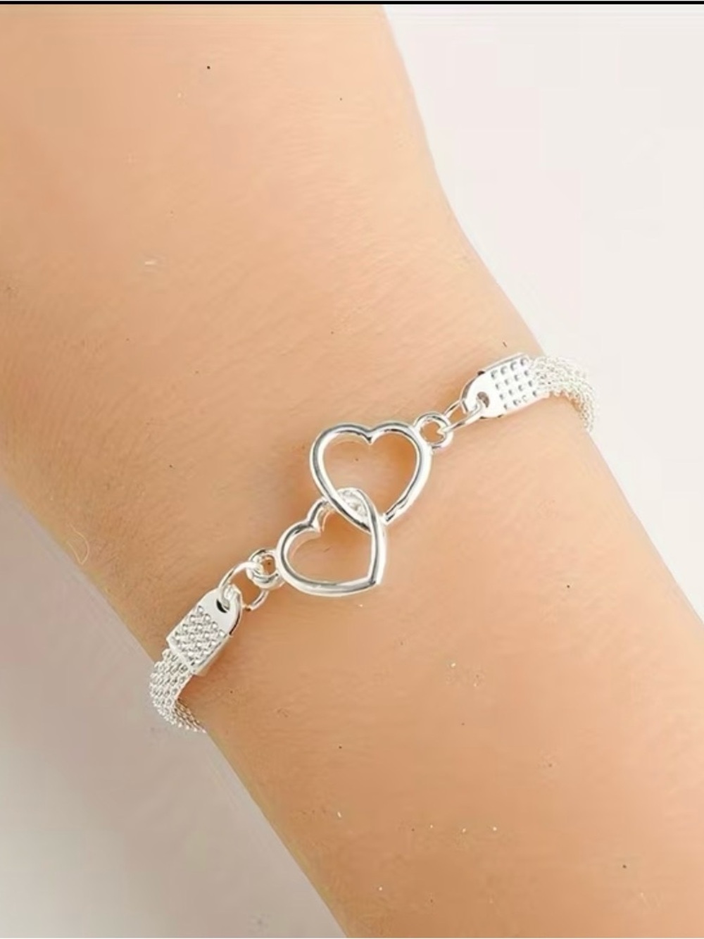 Silver Double Heart Link Bracelet - Women's Jewelry
